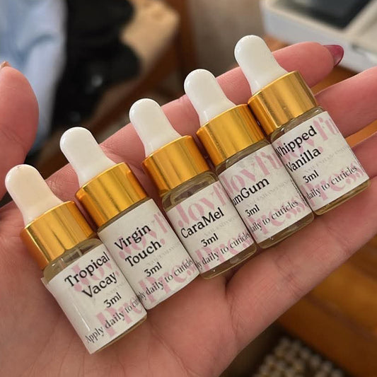 5x 3ml cuticle oil droppers, 1 of each scent available