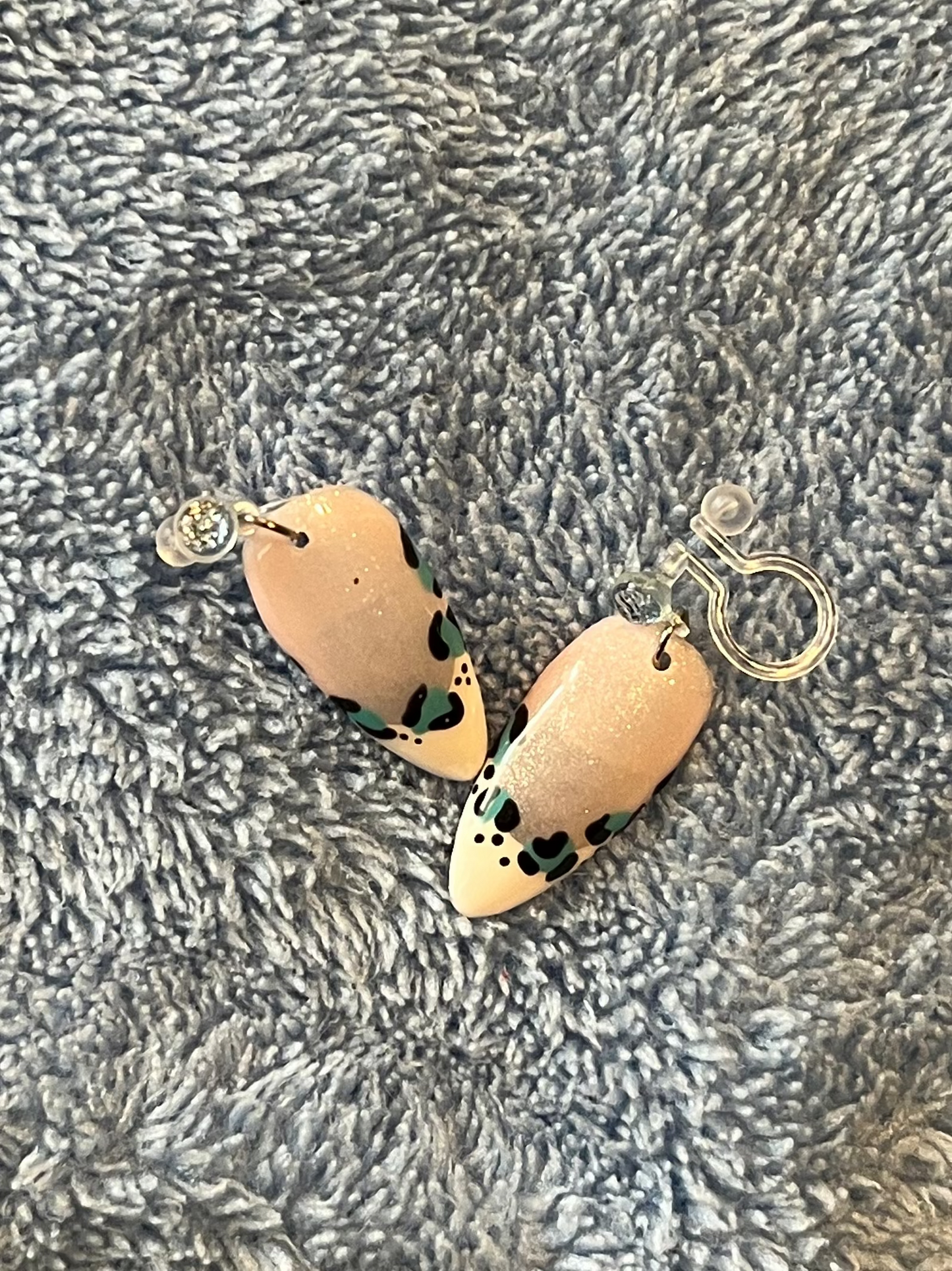 Nails turned into clip on earrings. French leopard print design 